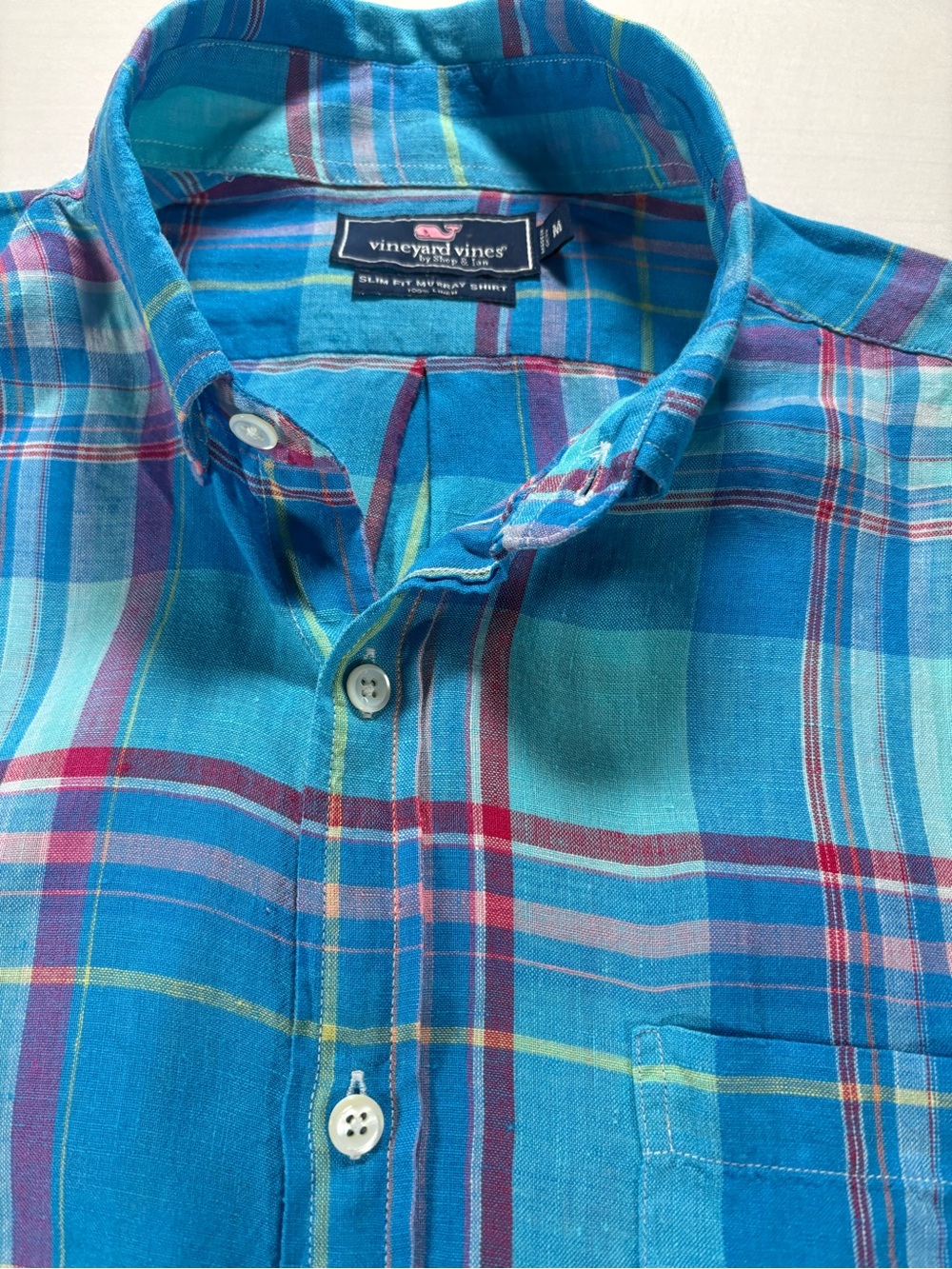 Vineyard Vines Mens Medium Slim Fit Murray Shirt 100% Linen Plaid Button Down